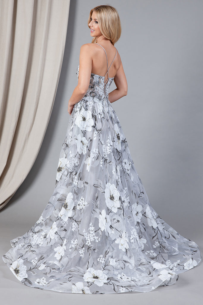 Embroidered Flower Dress with Side Slit Prom Gown-smcdress