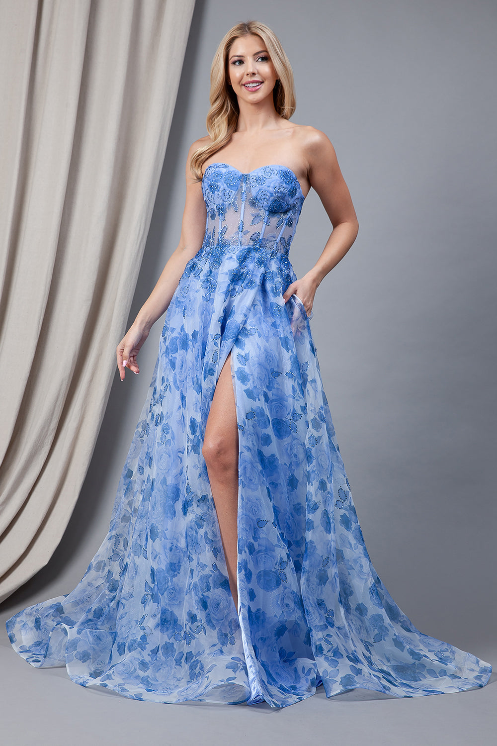 Floral Strapless Prom Dress w/Jewel & Slit-smcdress