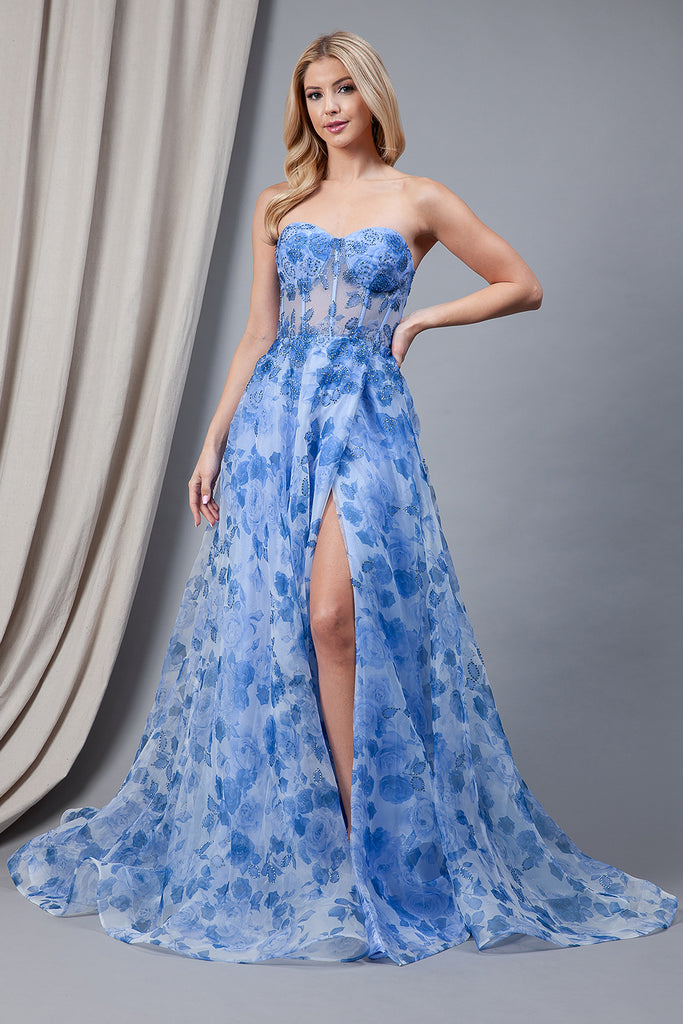 Floral Strapless Prom Dress w/Jewel & Slit-smcdress