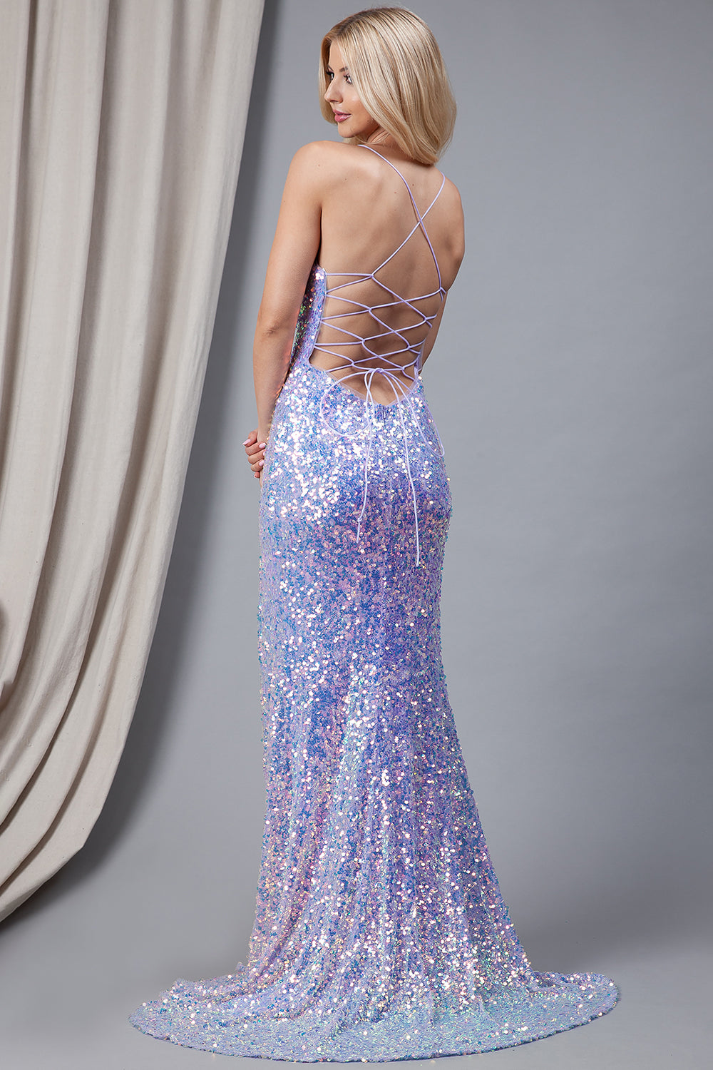 Embroidered Sequins Long Prom Dress with Side Slits, Open Criss Cross Back-smcdress