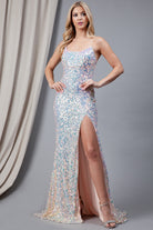 Embroidered Sequins Long Prom Dress with Side Slits, Open Criss Cross Back-smcdress