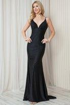 Satin Prom Dress: Straps, Trumpet V-Neck, Detailed Open Back-smcdress