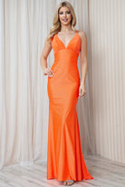 Satin Prom Dress: Straps, Trumpet V-Neck, Detailed Open Back-smcdress
