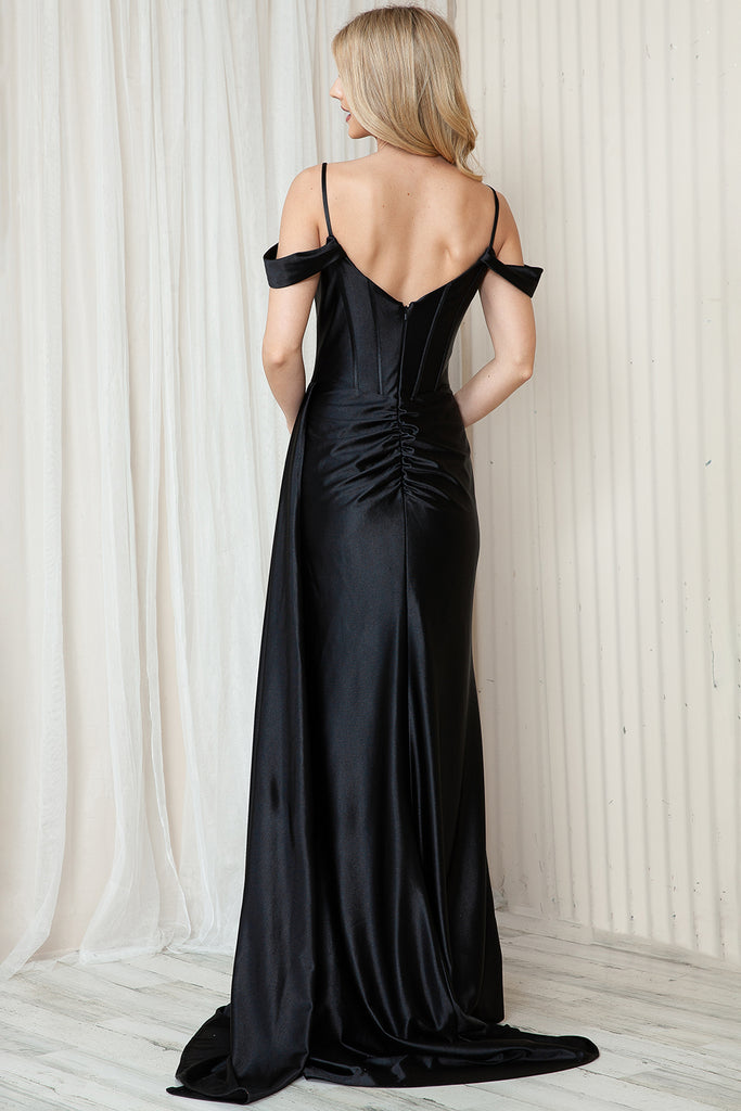 Satin Off Shoulder Long Dress with Slit Straps for Evening & Proms-smcdress