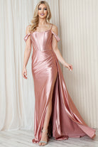 Satin Off Shoulder Long Dress with Slit Straps for Evening & Proms-smcdress