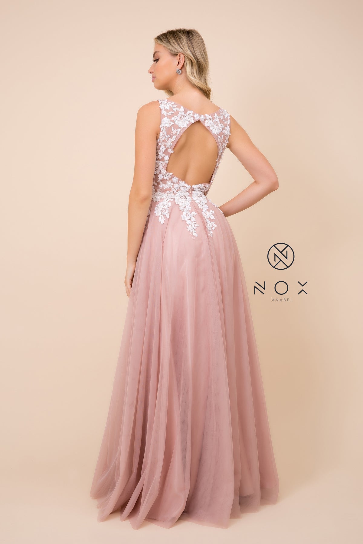 Embroidered Bodice, Cutout Open Back Tulle Dress-smcdress