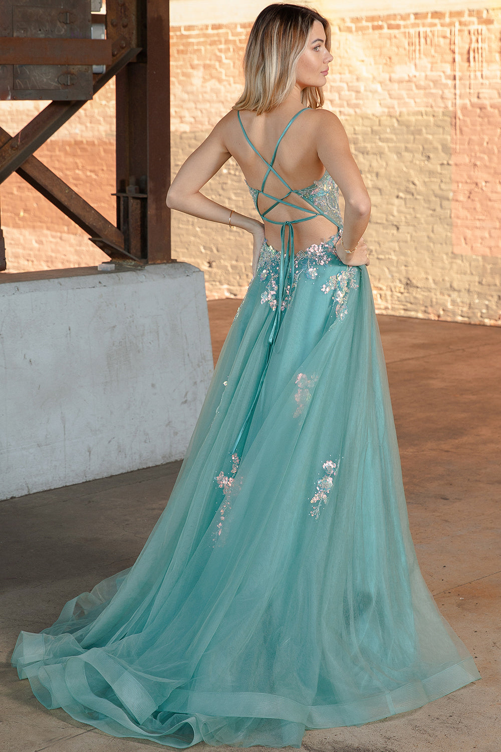 Tulle Skirt Lace High Slit Long Prom Dress-smcdress