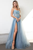 Embroidered Lace Bodice, Side Slit Tulle Skirt Long Prom Dress-smcdress