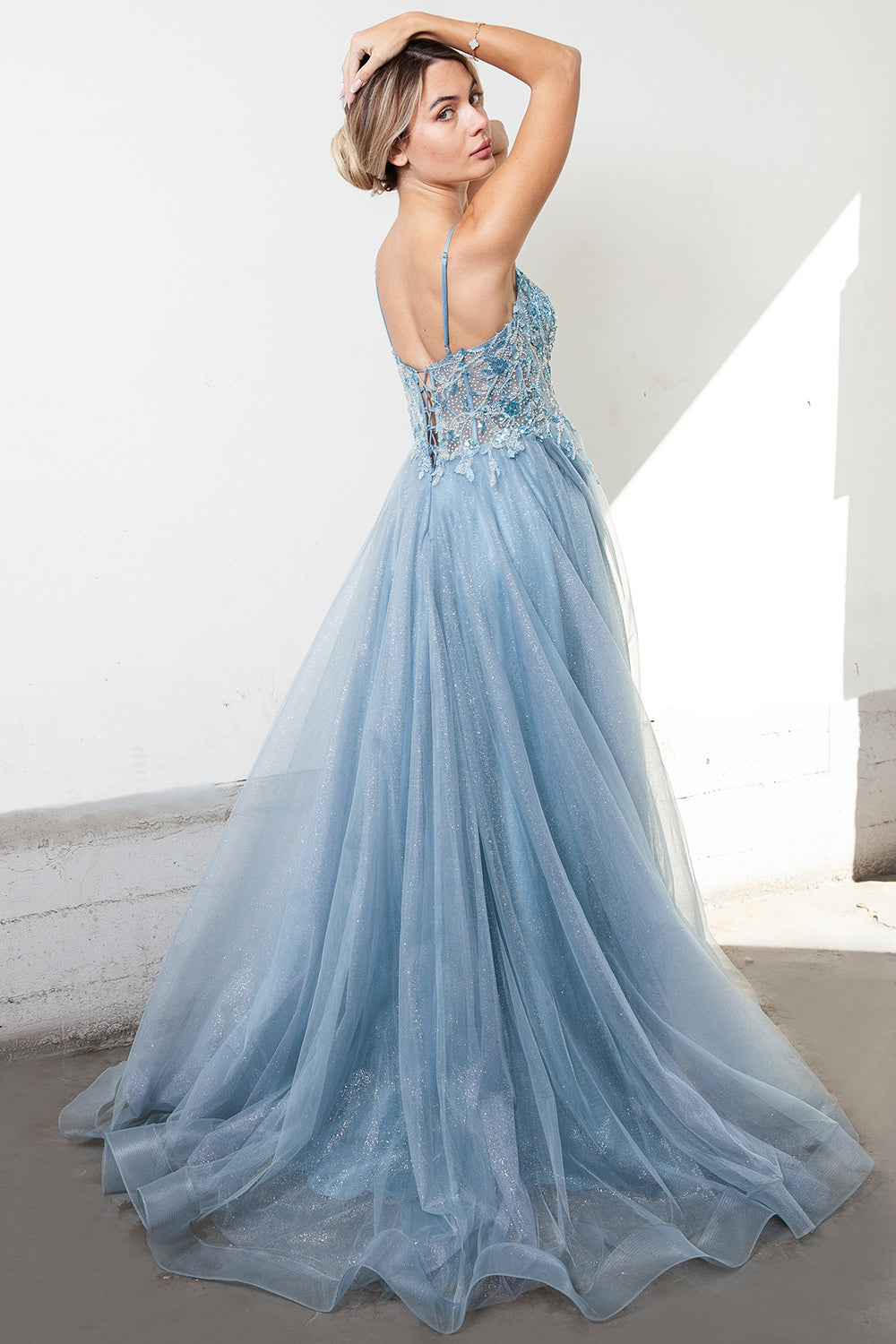 Embroidered Lace Bodice, Side Slit Tulle Skirt Long Prom Dress-smcdress