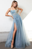 Embroidered Lace Bodice, Side Slit Tulle Skirt Long Prom Dress-smcdress