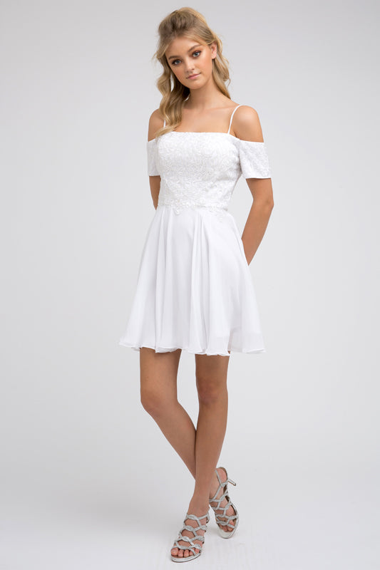 Embroidered Bodice, Short Wedding Dress with Off Shoulder Straps-smcdress