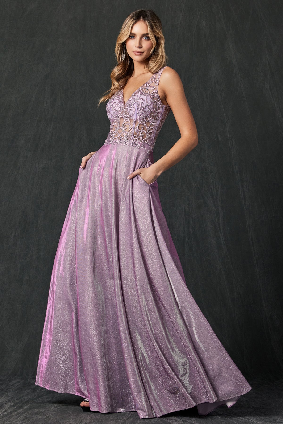 Embroidered bodice long prom dress-smcdress