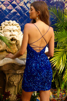 Back of the royla blue short sequin cocktail dress