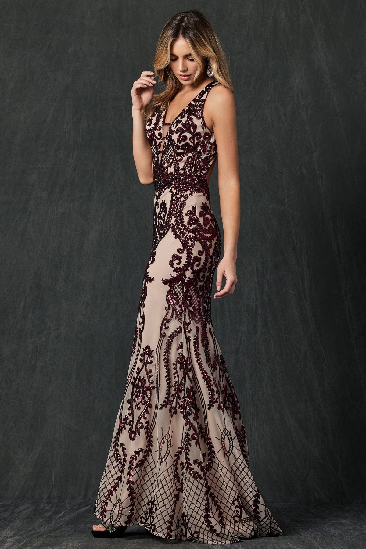 Embroidered Lace Illusion V-Neck Prom & MOB Dress-smcdress