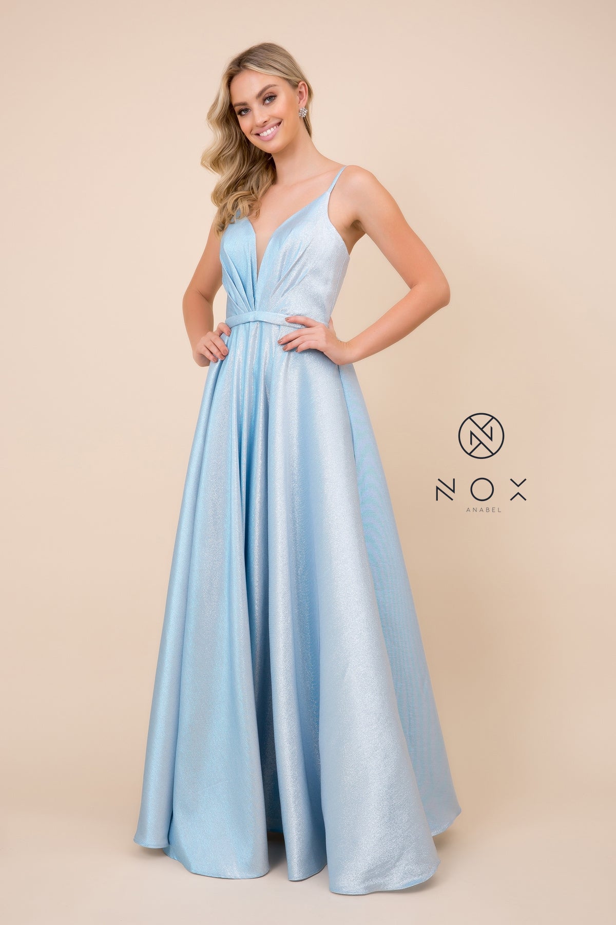 A-Line Long Prom Dress w/ Plunging Neck & Open Back-smcdress