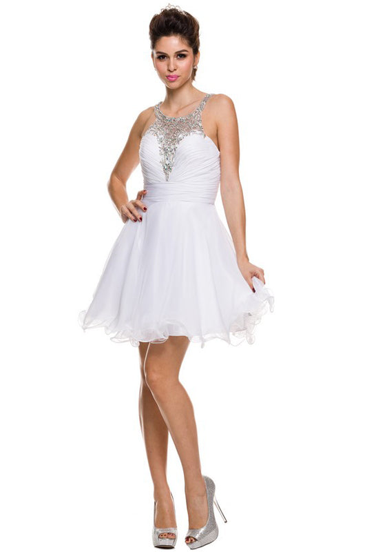 Jewel-embellished V-Back Short Wedding Dress-smcdress