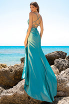 Embroidered Satin Long Prom Dress with Open Criss Cross Back-smcdress