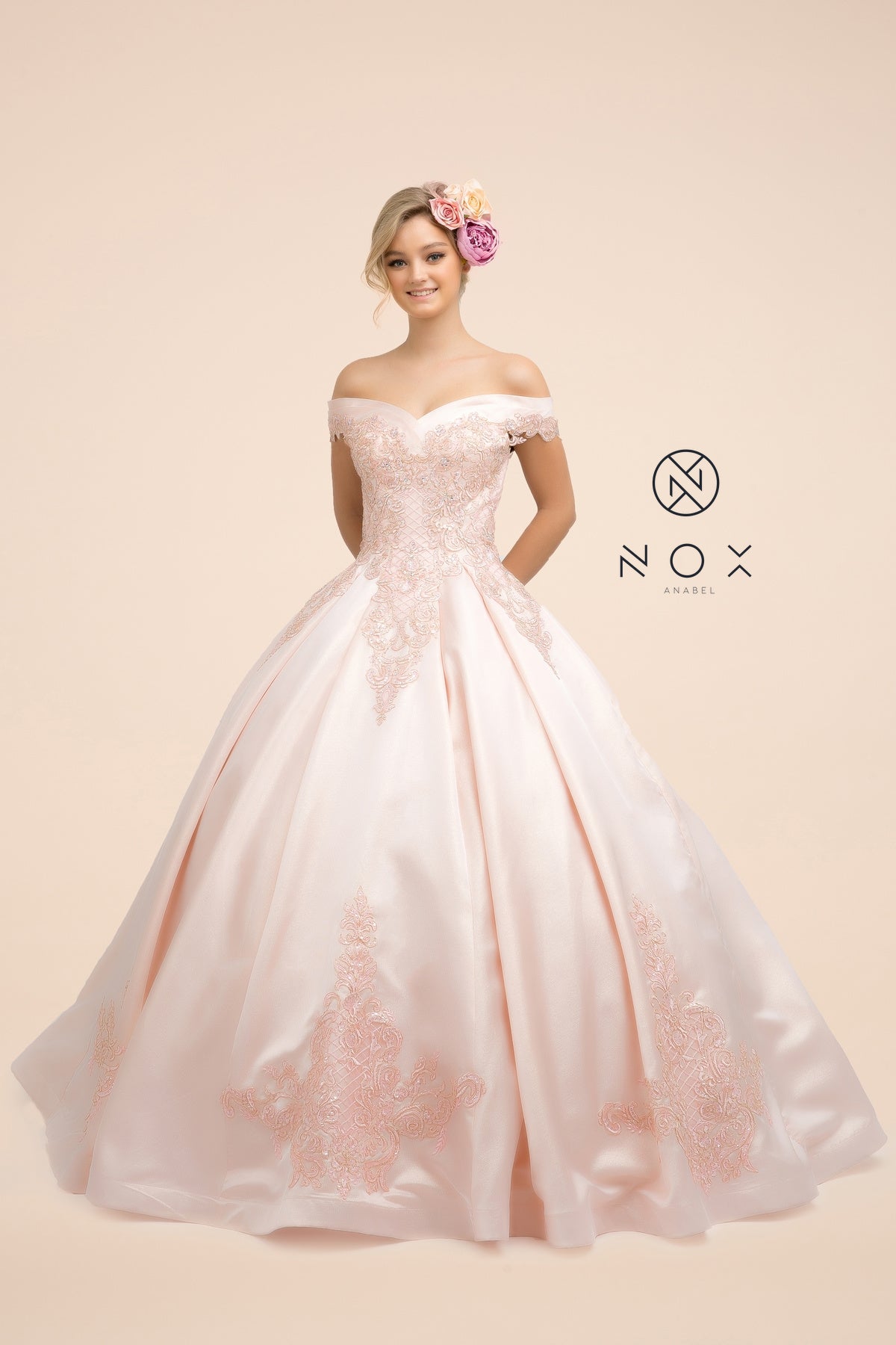 Blush Ball Gown w/ Embroidered Cap Sleeves-smcdress