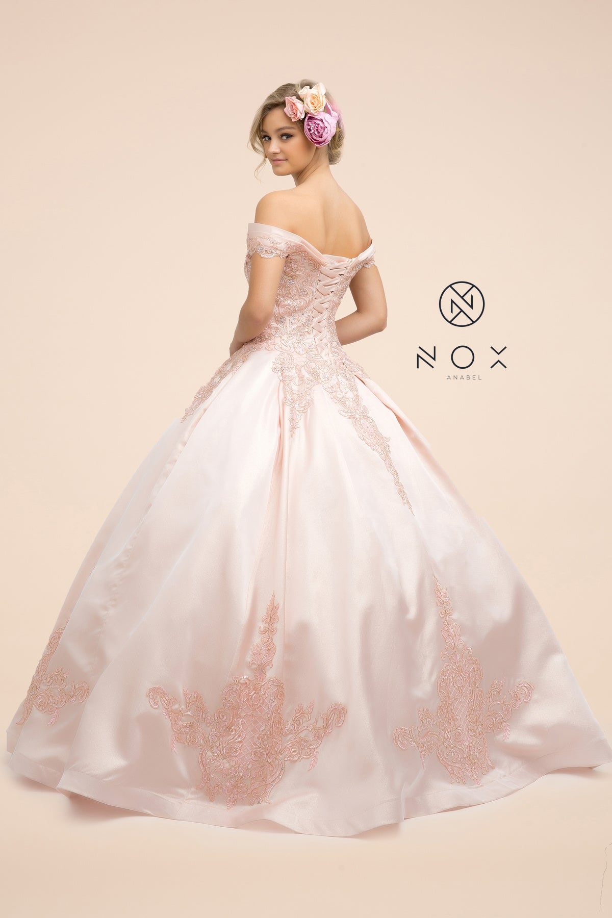 Blush Ball Gown w/ Embroidered Cap Sleeves-smcdress