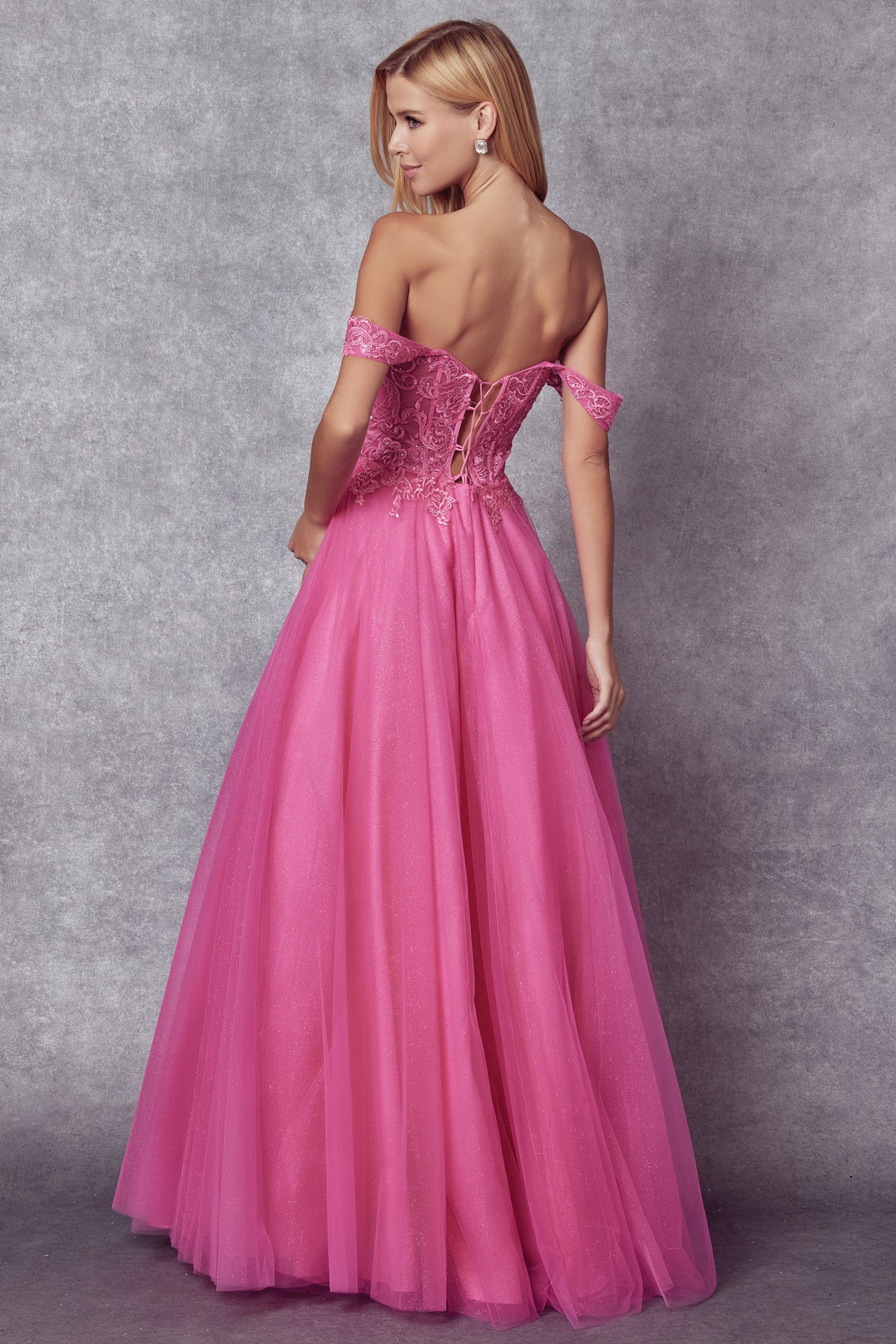 Off the shoulder embroidered tulle prom gown-smcdress