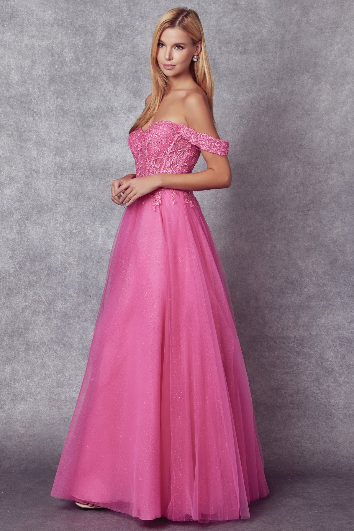 Off the shoulder embroidered tulle prom gown-smcdress