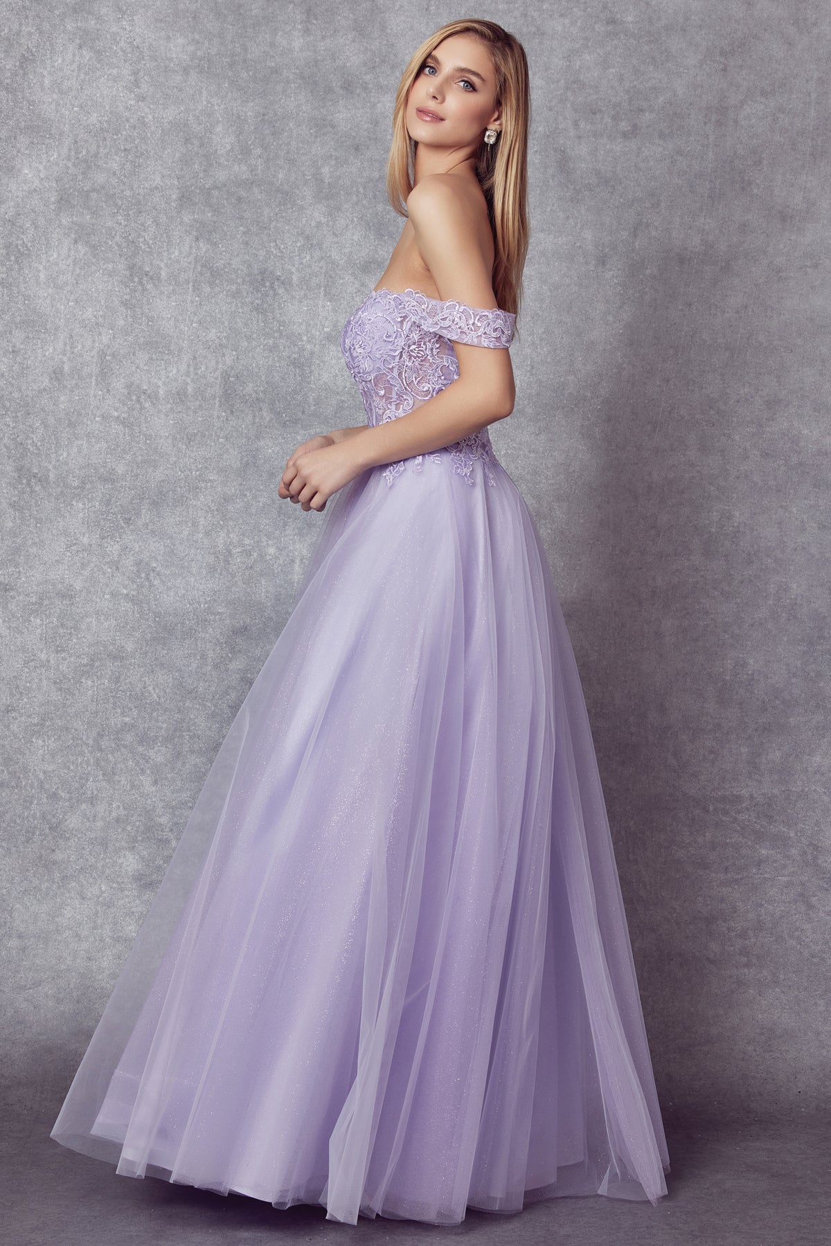 Off the shoulder embroidered tulle prom gown-smcdress
