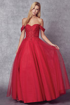 Off the shoulder embroidered tulle prom gown-smcdress