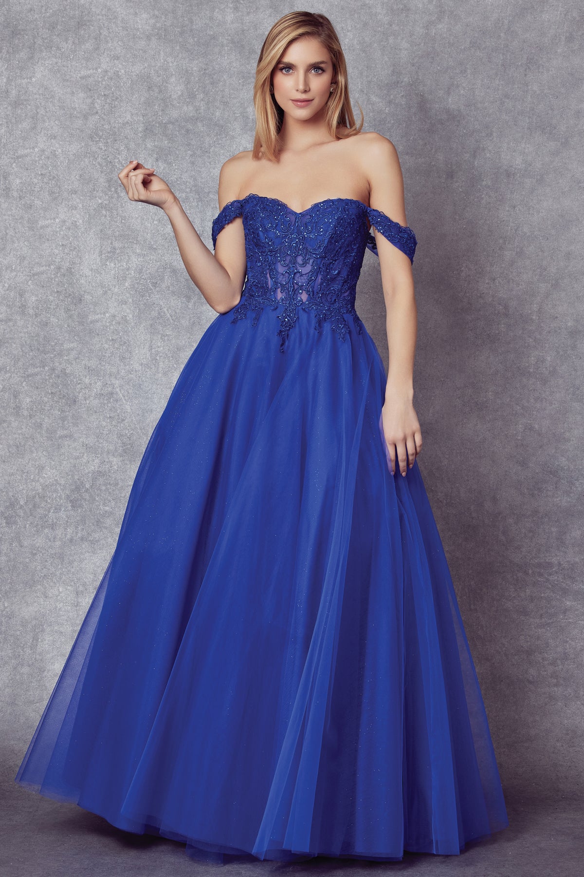 Off the shoulder embroidered tulle prom gown-smcdress