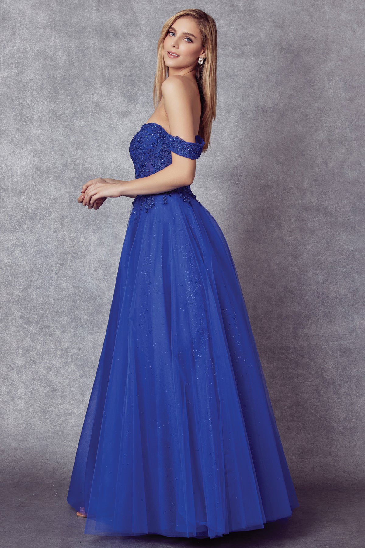 Off the shoulder embroidered tulle prom gown-smcdress