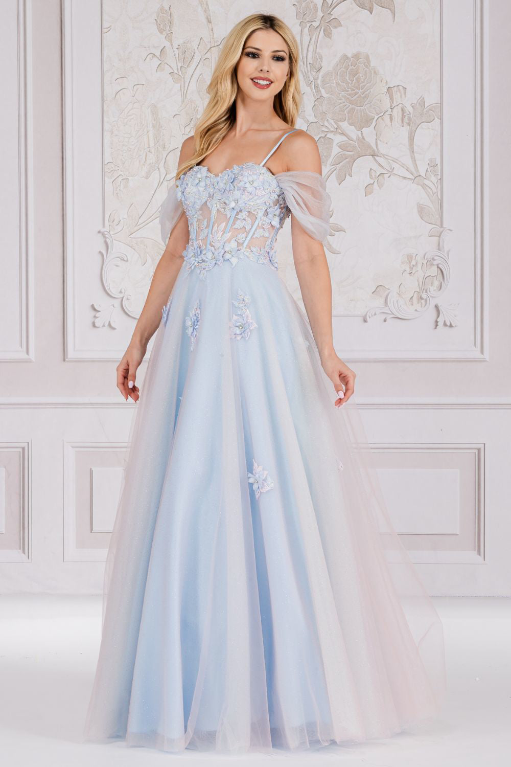 Off Shoulder Sheer Embroidered Bodice Sweetheart Long Prom Dress