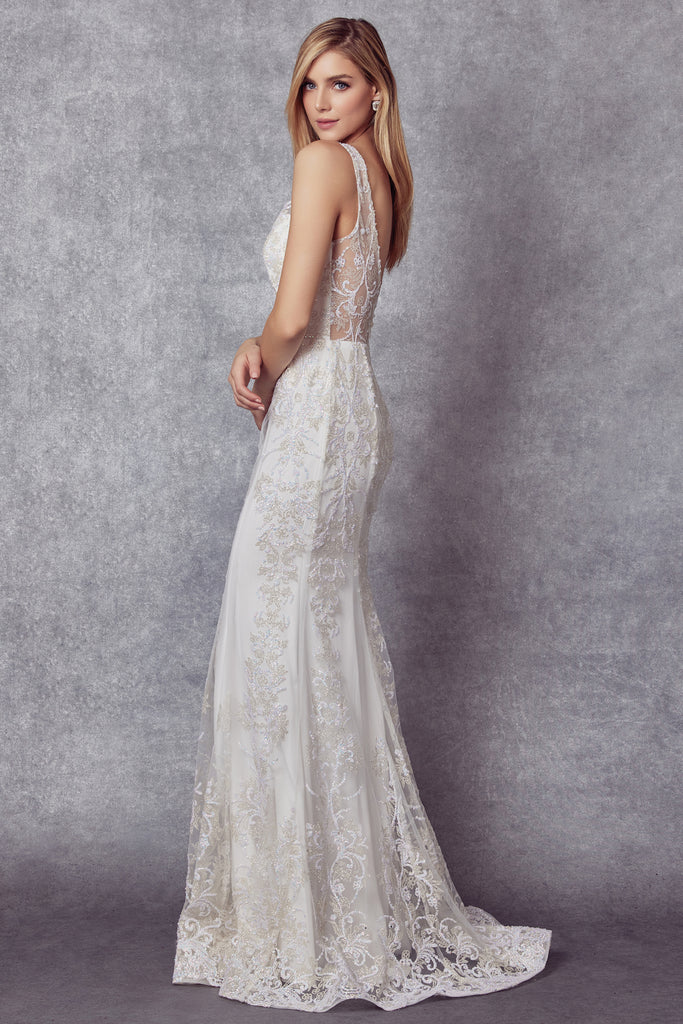 Embroidered V-Neck Lace Wedding Dress-smcdress