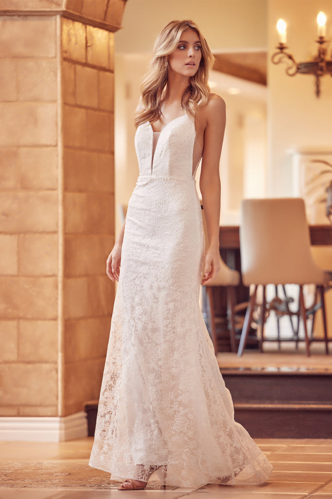 Glitter Illusion V-Neck Wedding Dress, Embroidered-smcdress