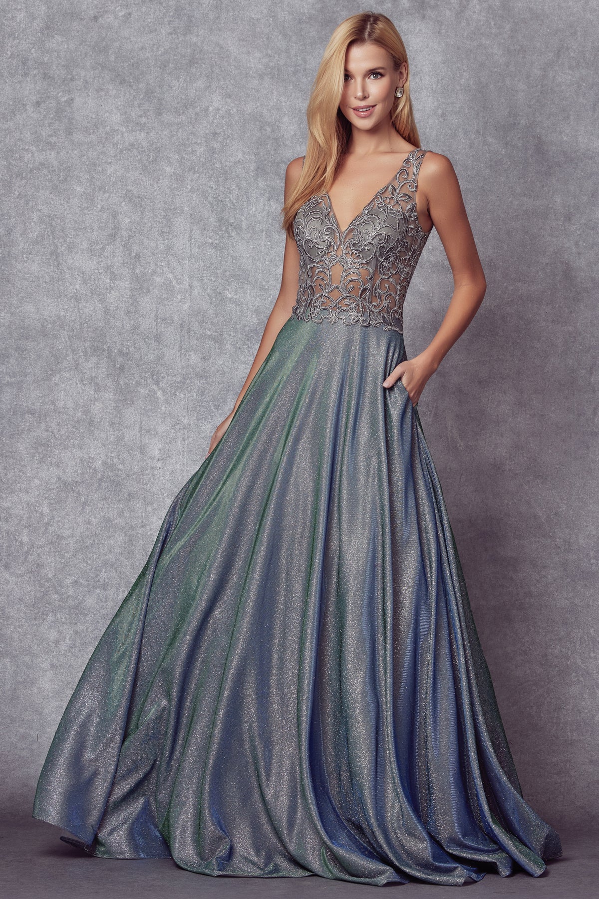 Embroidered bodice long prom dress-smcdress