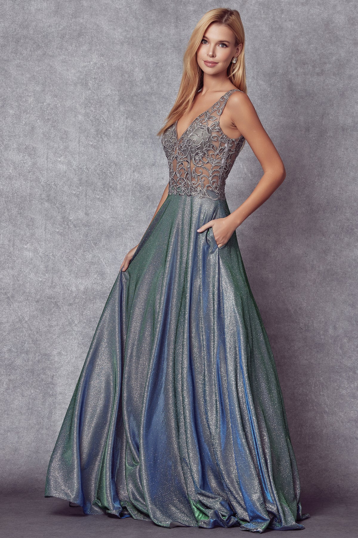 Embroidered bodice long prom dress-smcdress