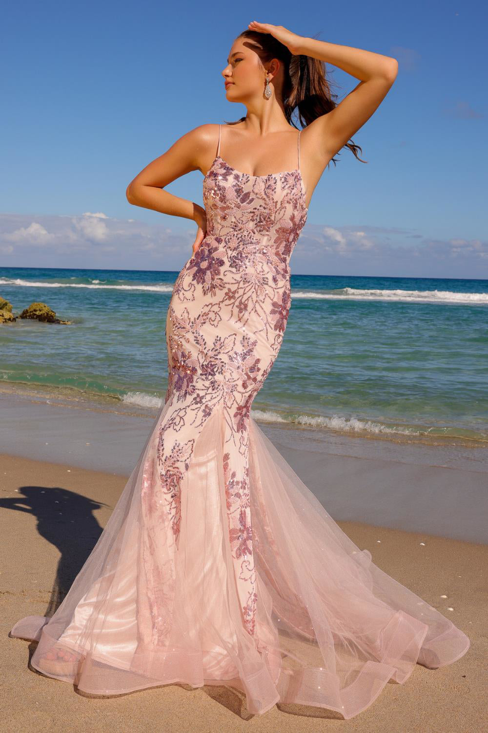 floral mermaid dress Embellished Floral Lace Tulle Skirt Mermaid Long Prom Dress