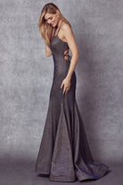 Fitted metallic curve-hugging silhouette that flares into a dramatic floor-sweeping train prom gown-smcdress