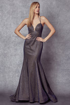 Fitted metallic curve-hugging silhouette that flares into a dramatic floor-sweeping train prom gown-smcdress
