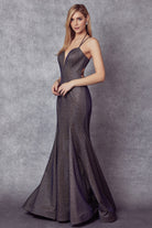 Fitted metallic curve-hugging silhouette that flares into a dramatic floor-sweeping train prom gown-smcdress