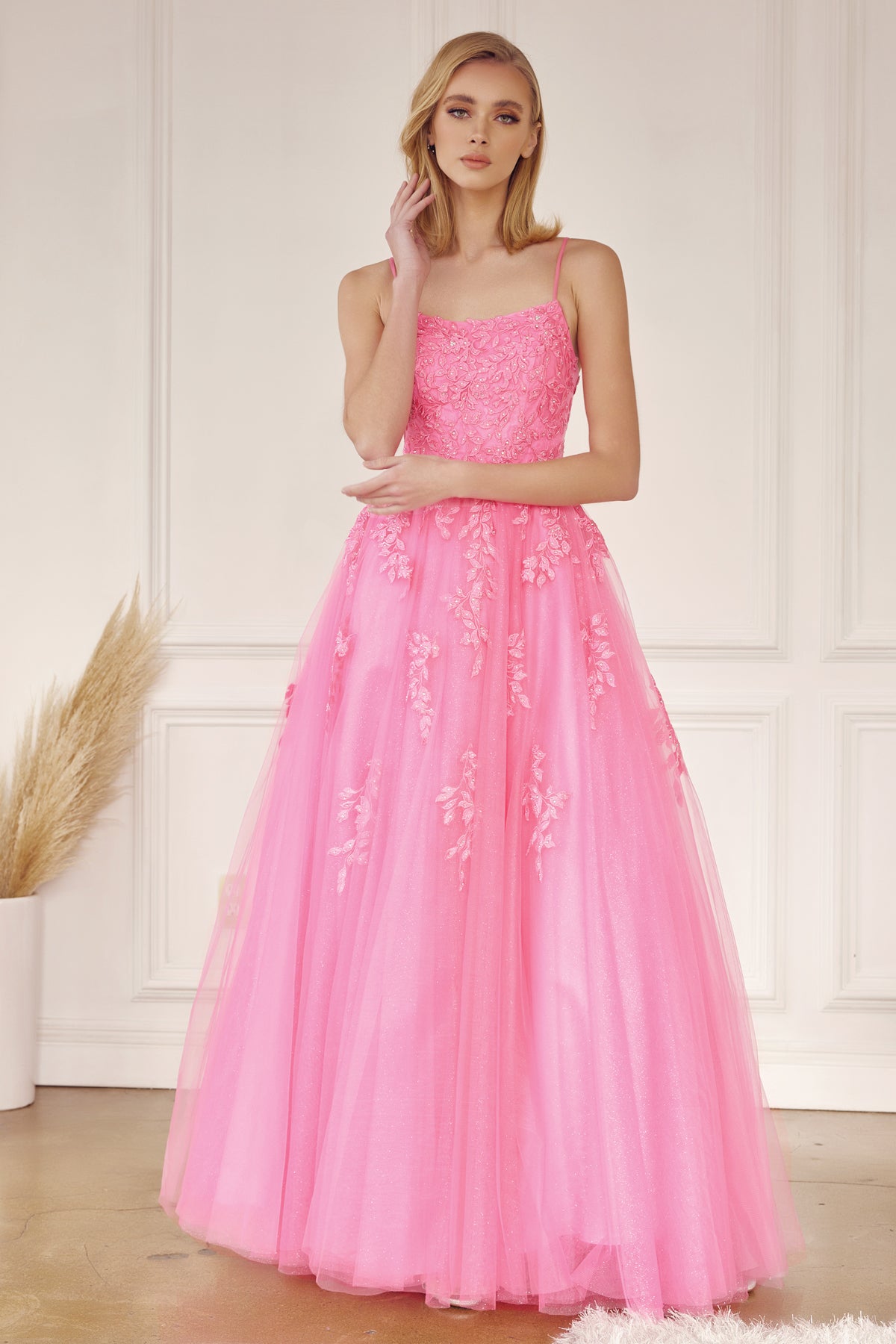 Tulle Prom Dress w/ Floral Applique-smcdress