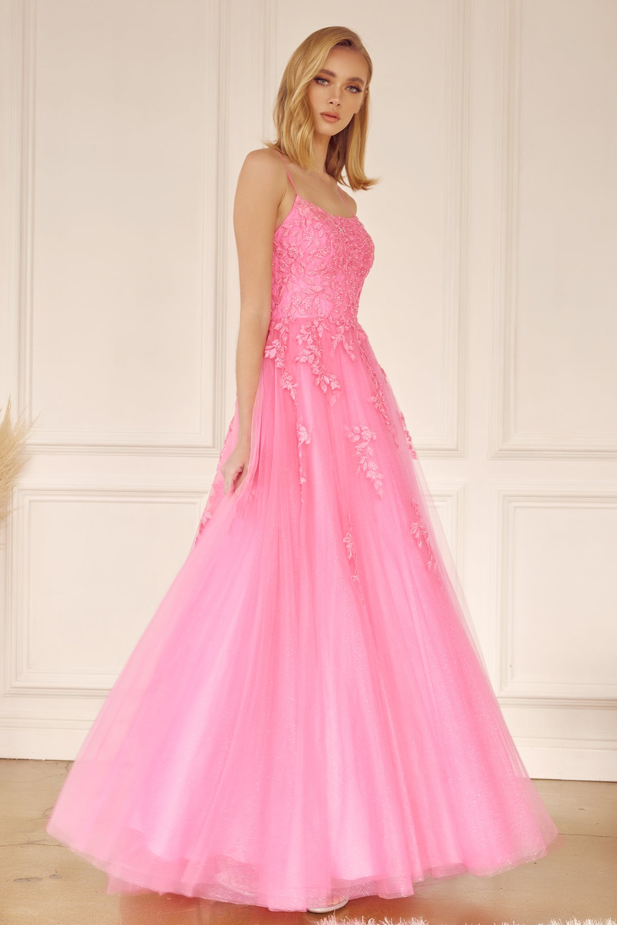Tulle Prom Dress w/ Floral Applique-smcdress