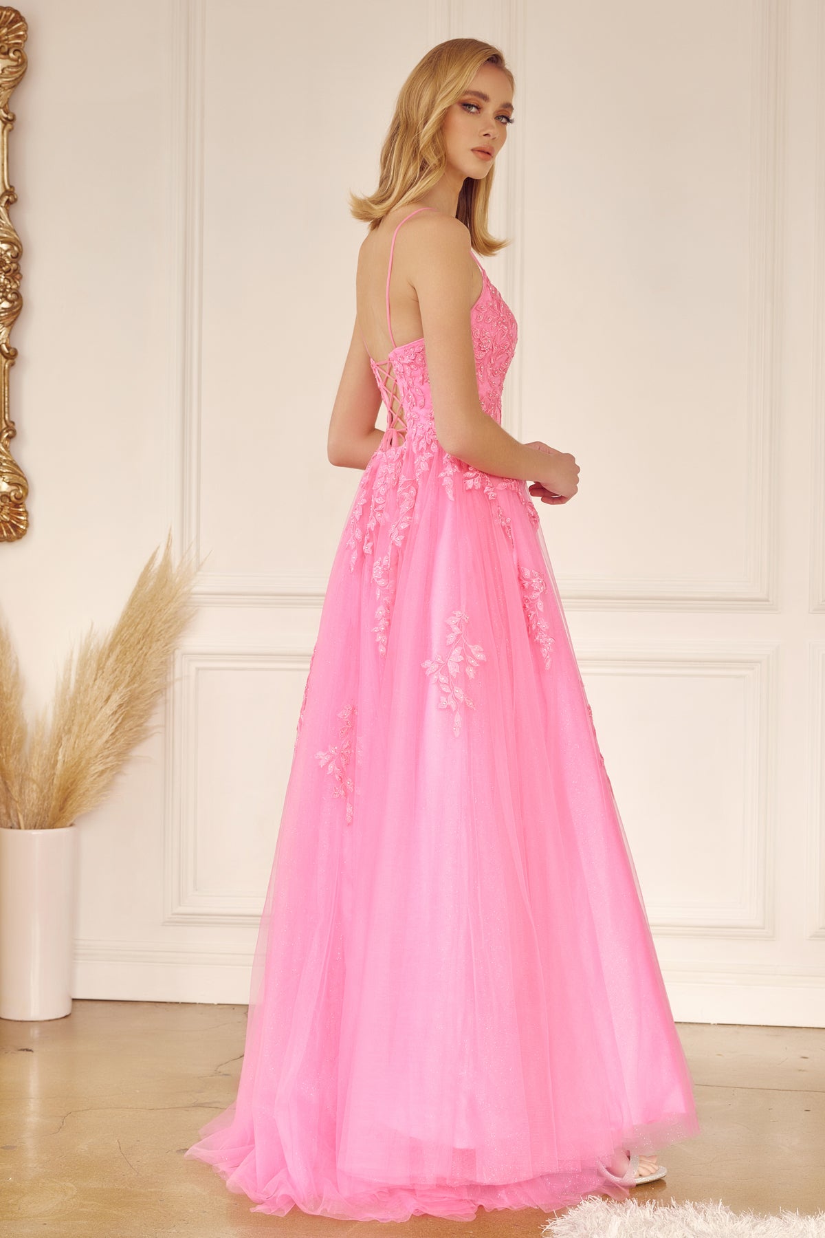 Tulle Prom Dress w/ Floral Applique-smcdress