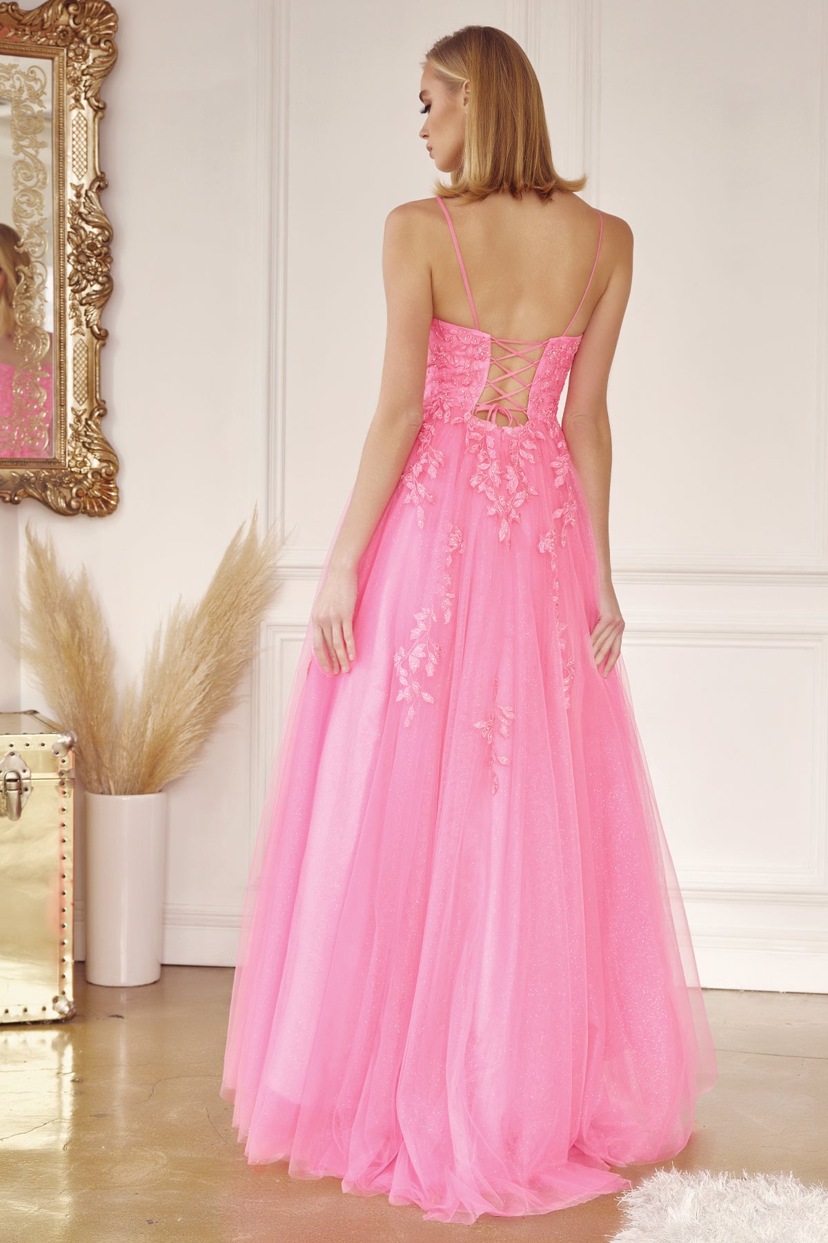 Tulle Prom Dress w/ Floral Applique-smcdress