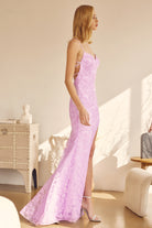 Embroidered lace fitted evening prom dress with side slit.-smcdress