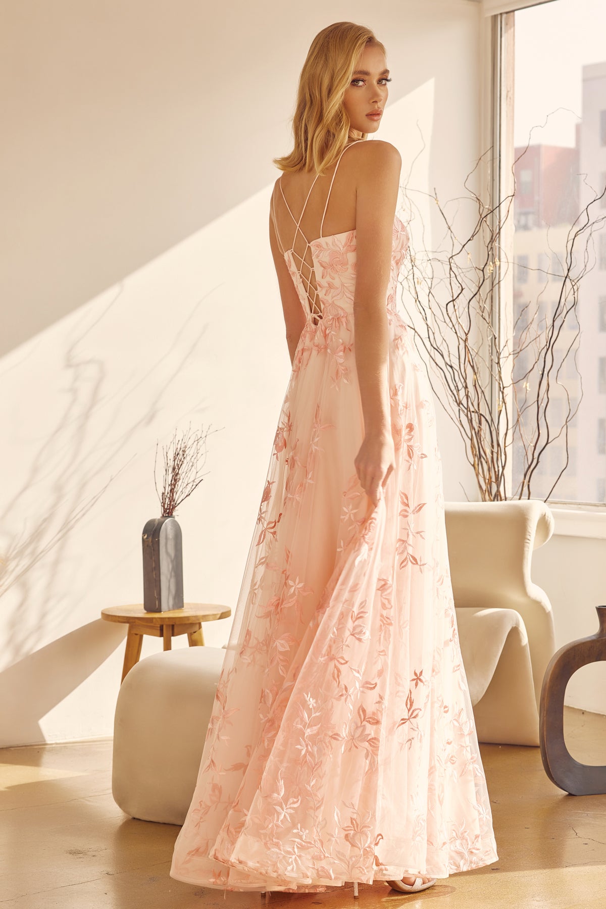 Sleeveless embroidered lace A- line gown-smcdress