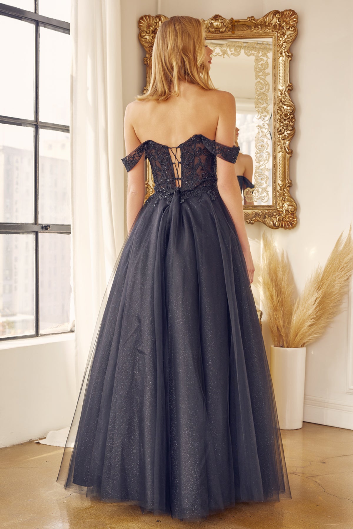 Off the shoulder embroidered tulle prom gown-smcdress