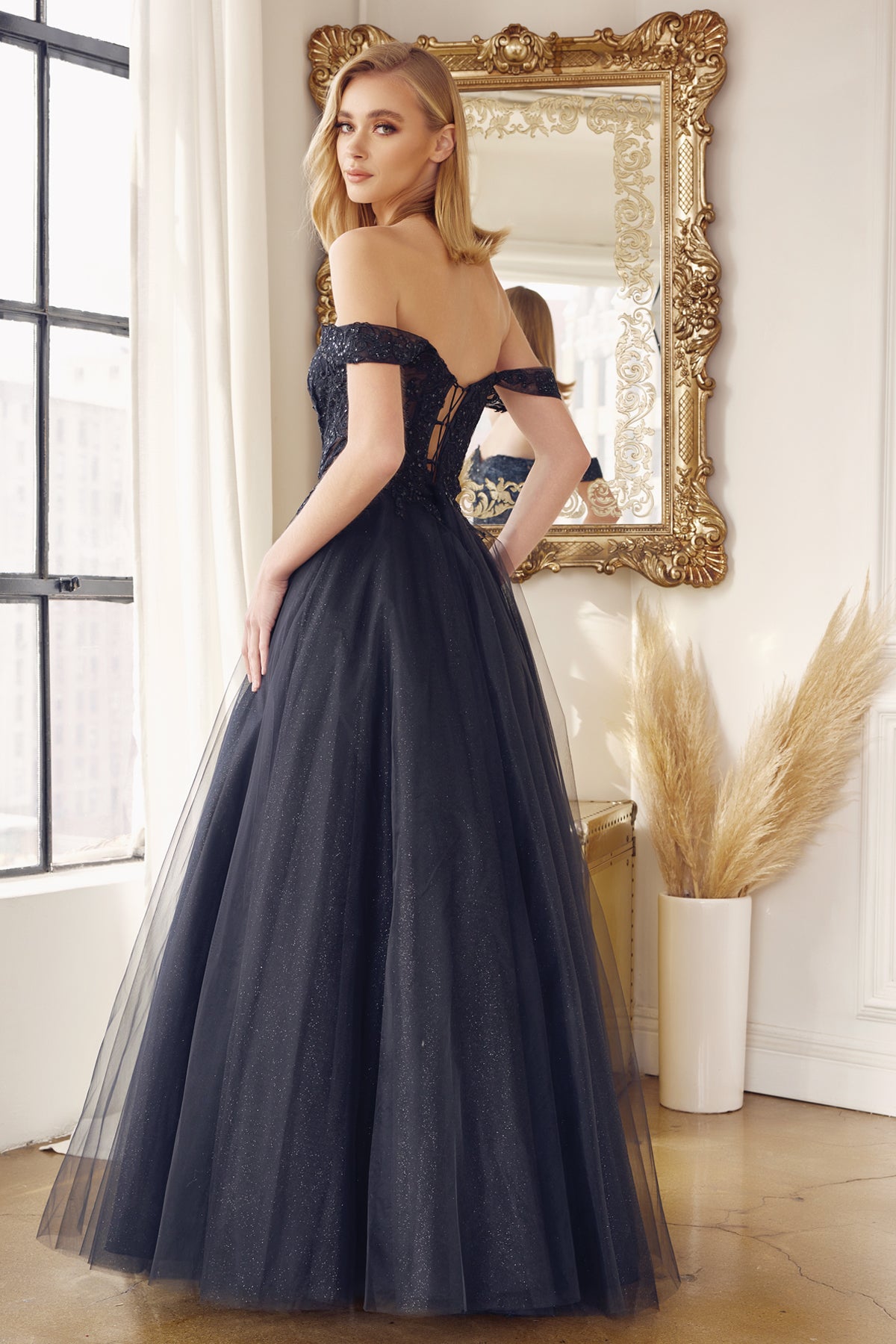 A-Line Embroidered Bodice Long Prom Dress, Off Shoulder-smcdress