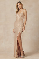 Sequin gown with V neckline and skirt slit evening prom dress-smcdress