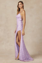 Embroidered lace fitted evening prom dress with side slit.-smcdress