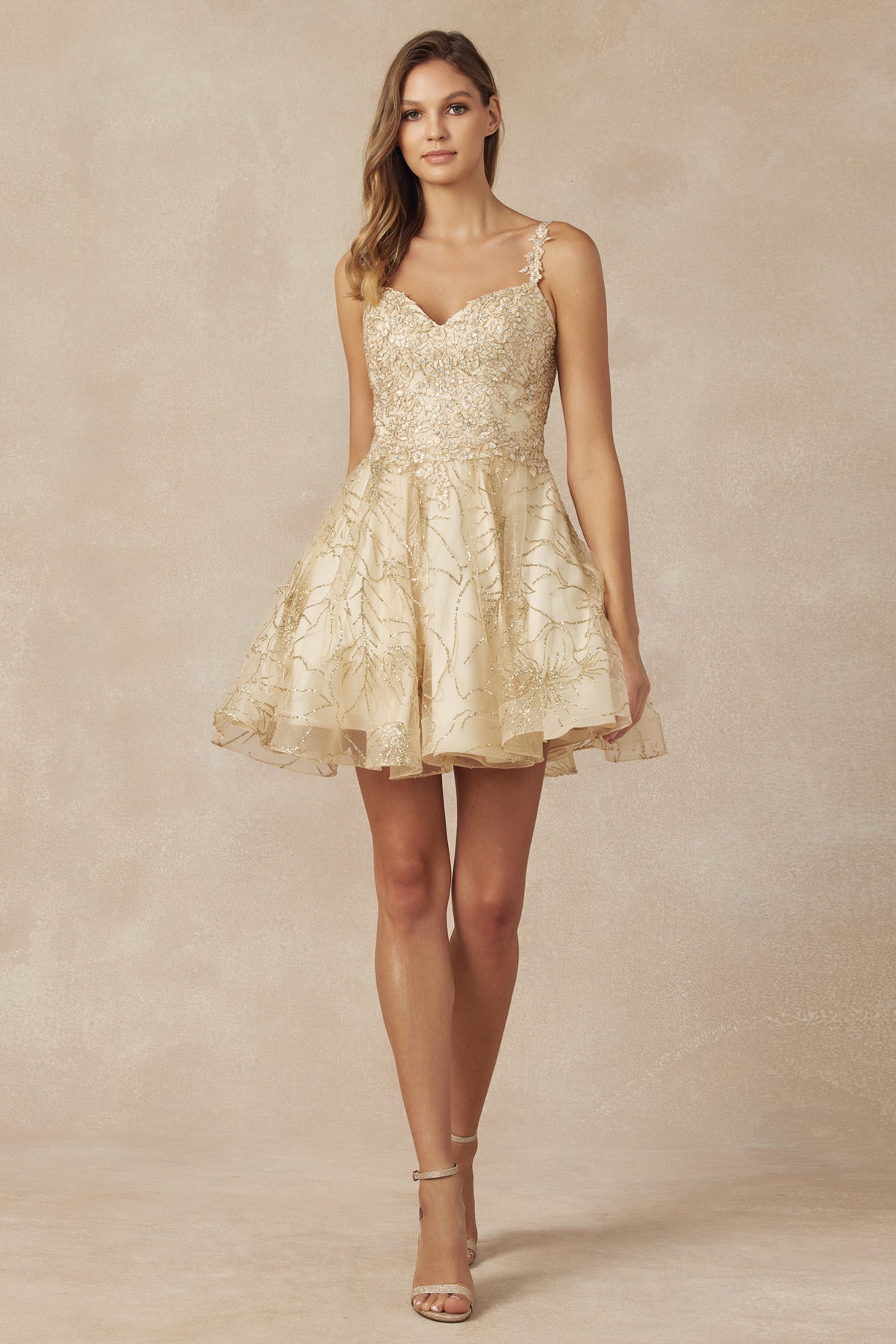 Gold embroidered swirling patterns short dress-smcdress