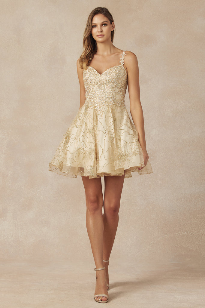 Gold Embroidered Short Dress, Swirling Patterns-smcdress